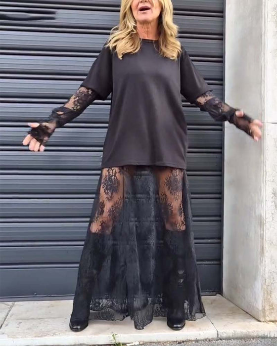 Two-piece set - solid color T-shirt and lace skirt