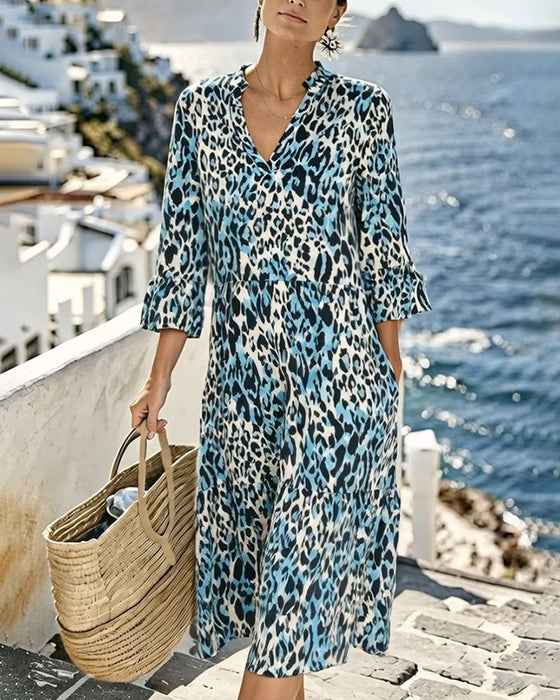 Ruffle Gradient V-Neck Leopard Dress