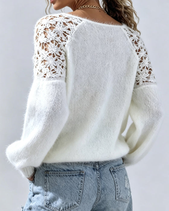 Cutout Lace Detail Patchwork Pullover