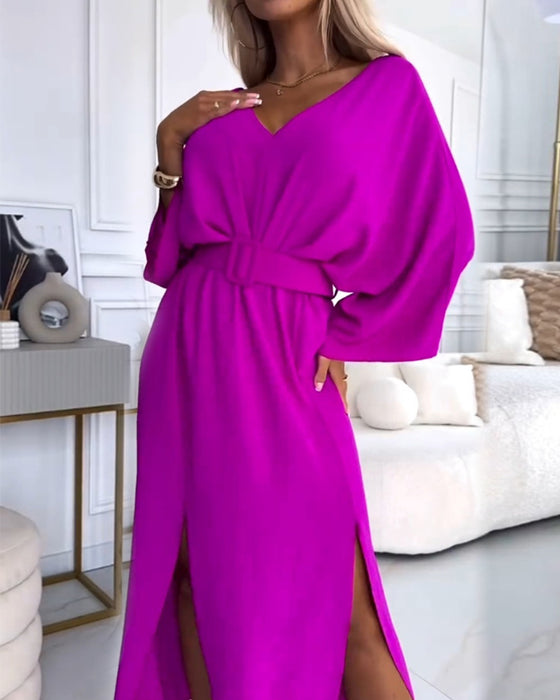 Elegant solid color V-neck slit long sleeve dress