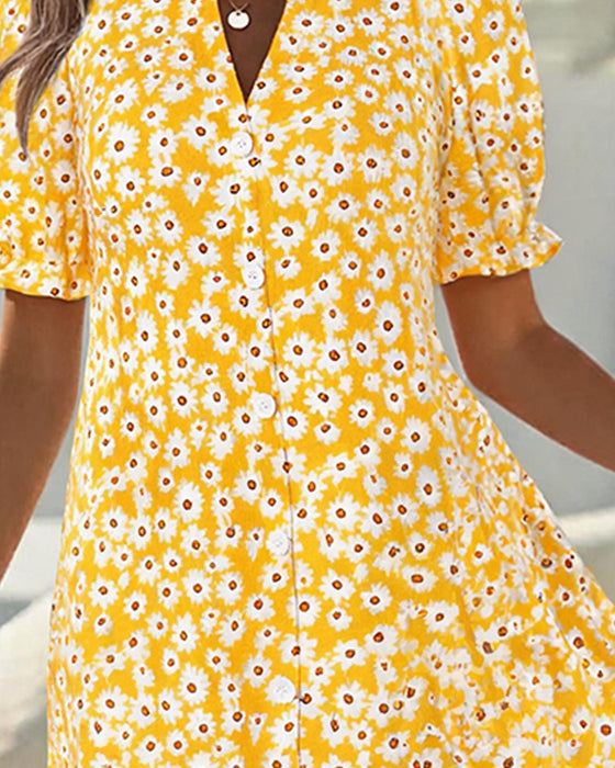V-Neck Bubble Sleeve Daisy Dress