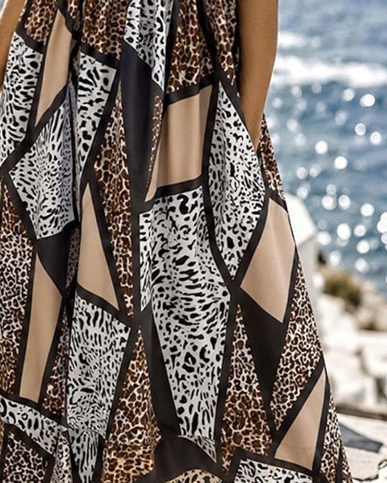 Geometric Patchwork Leopard Full Skirt Maxi Dress