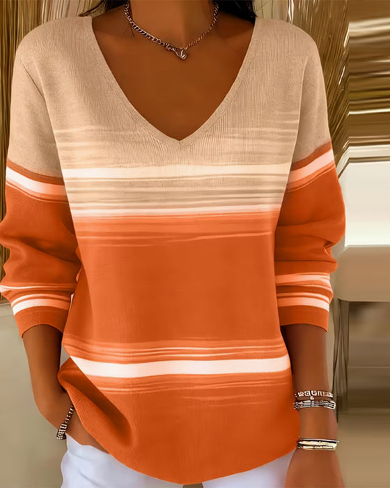 Gradient Stripe V-Neck Long Sleeve Pullover