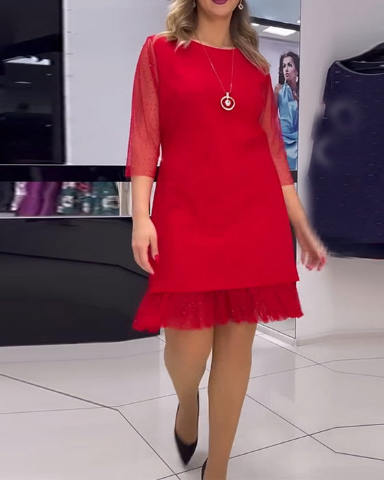 Solid color mesh stitching sequin dress