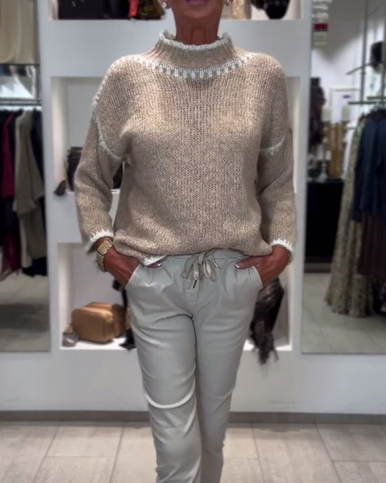 High-Neck Contrasting Color Versatile Pullover