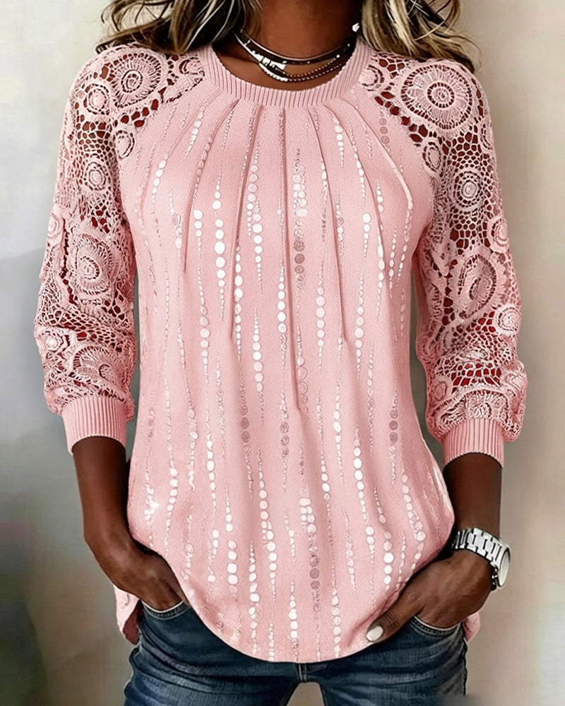 Round Neck Shirred Lace Polka Dot Top