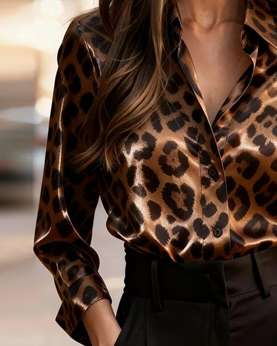 Lapel Leopard Print Long-Sleeve Draped Blouse