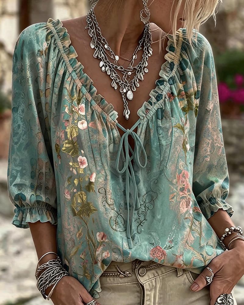 Floral Print Drawstring Three-Quarter Sleeve Blouse