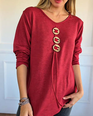 Wooden Button Long Sleeve Loose Top