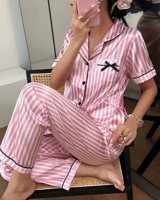 Striped Shirt Collar Bow Pajama Set