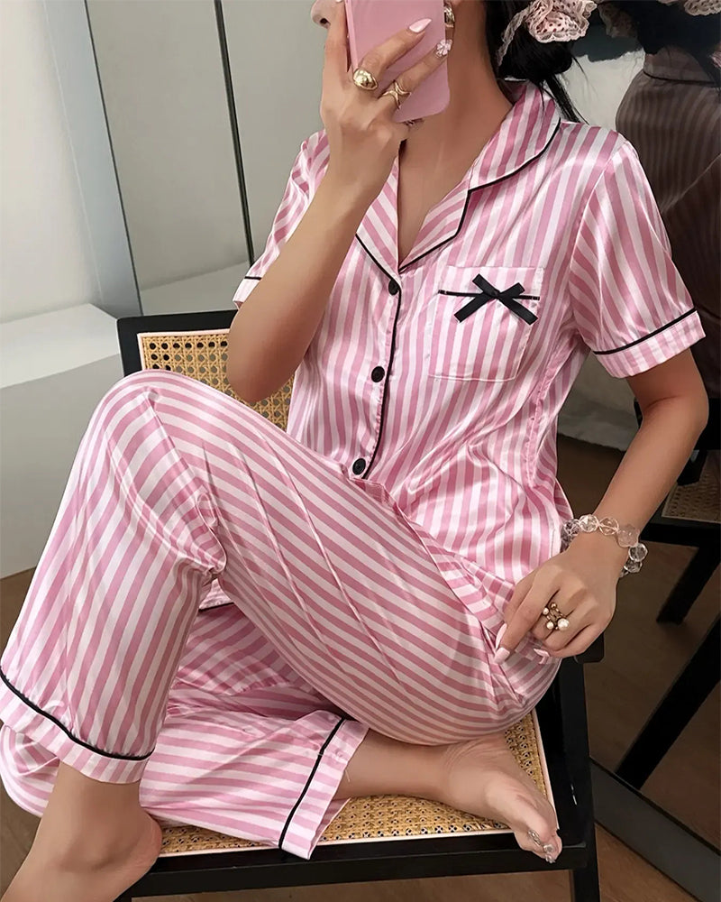 Striped Shirt Collar Bow Pajama Set
