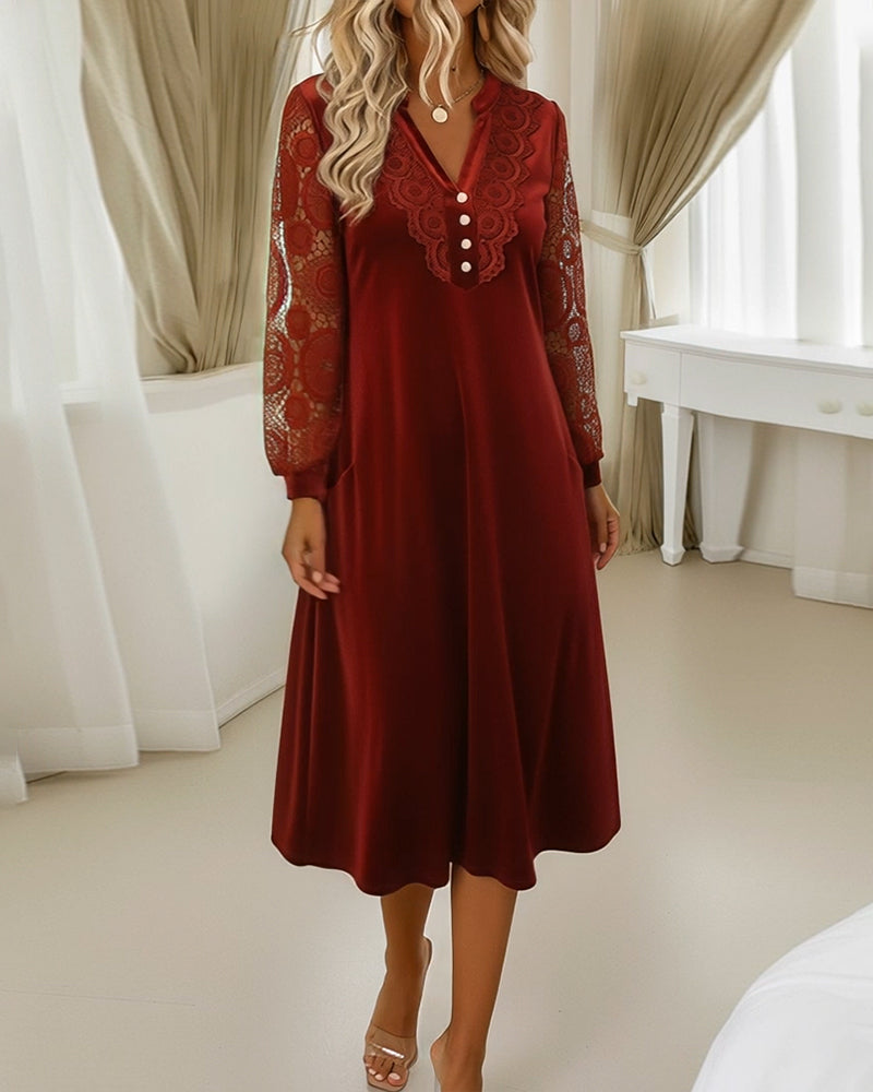 Lace Long-Sleeved V-Neck Velvet Dress
