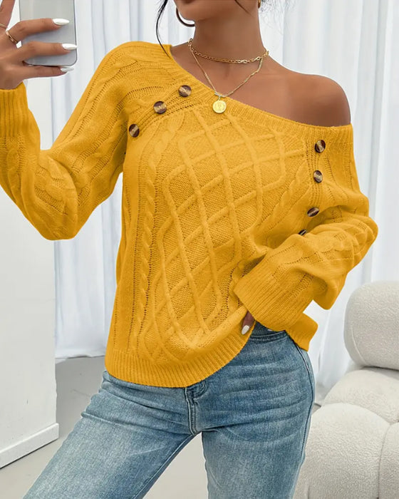 Solid Raglan Sleeve Buckle Cable Knit Jumper