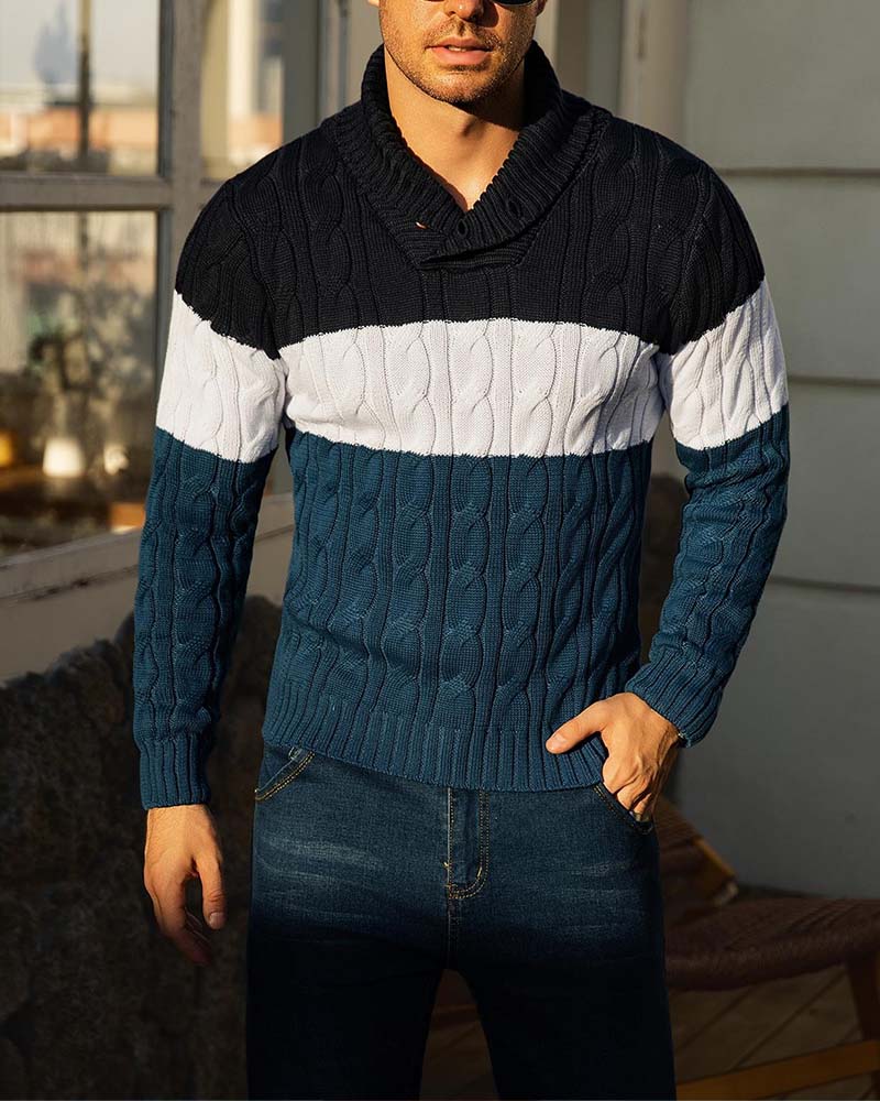 High Neck Button Contrast Men's Pullover
