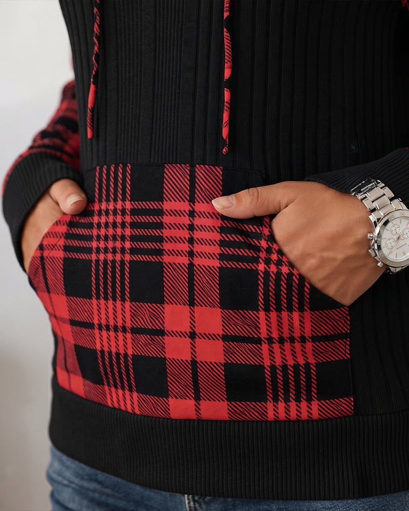 Plaid Patchwork Long-Sleeve Hoodie