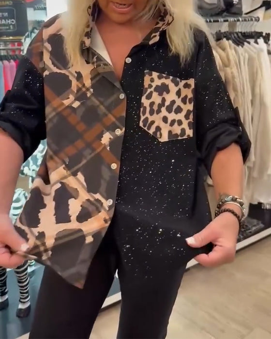 Collared Pocket Patchwork Print Shirt