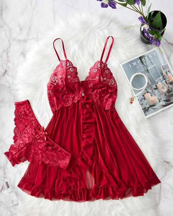 Ladies' Sexy Ruffle Trim Lace Cami Nightdress & Bow Decor Panty Set