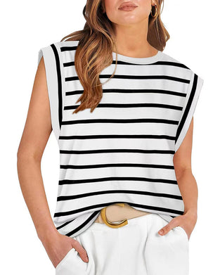 Casual striped print round neck sleeveless top