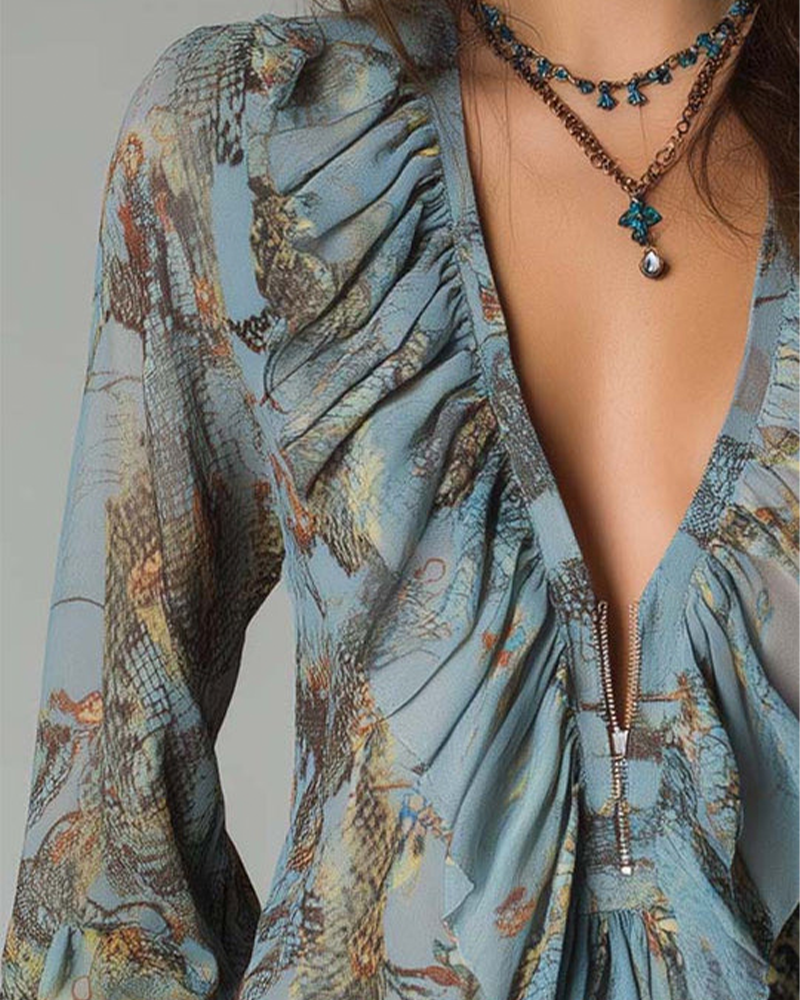 Deep V Ruffle Print Elegant Blouse