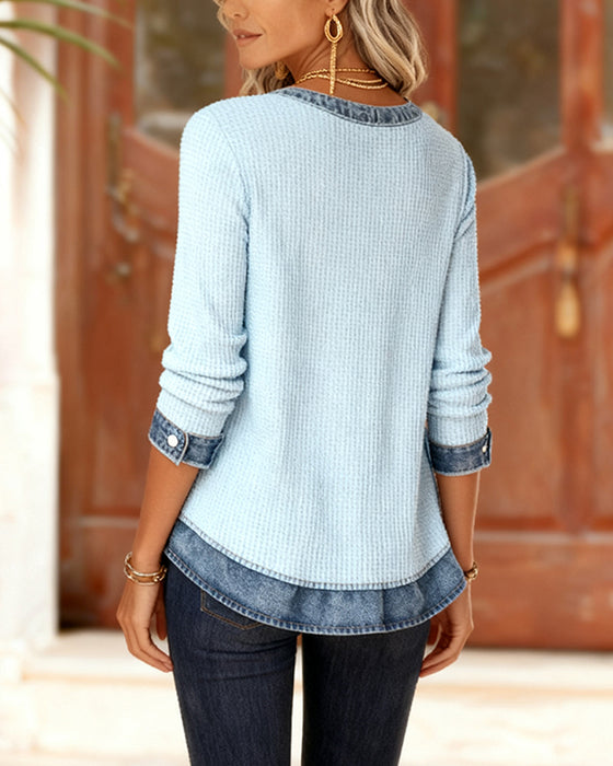 Denim Waffle Long-Sleeved Top