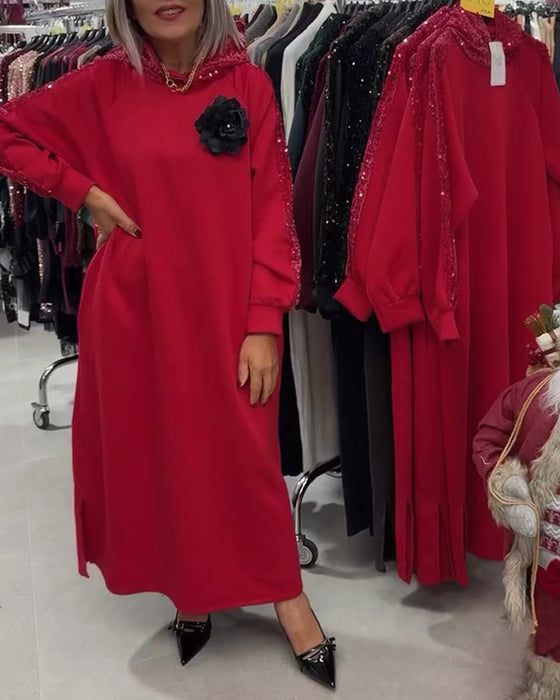 Hooded Sequin Patchwork Long Dress