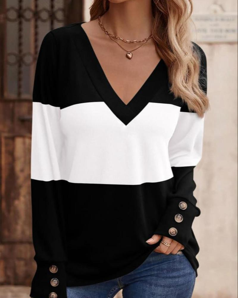 Women's Colorblock Print Button Decor Drop Shoulder Tee