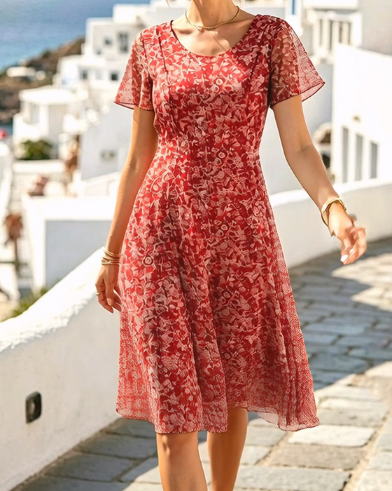 Floral Short Sleeve A-Line Dress