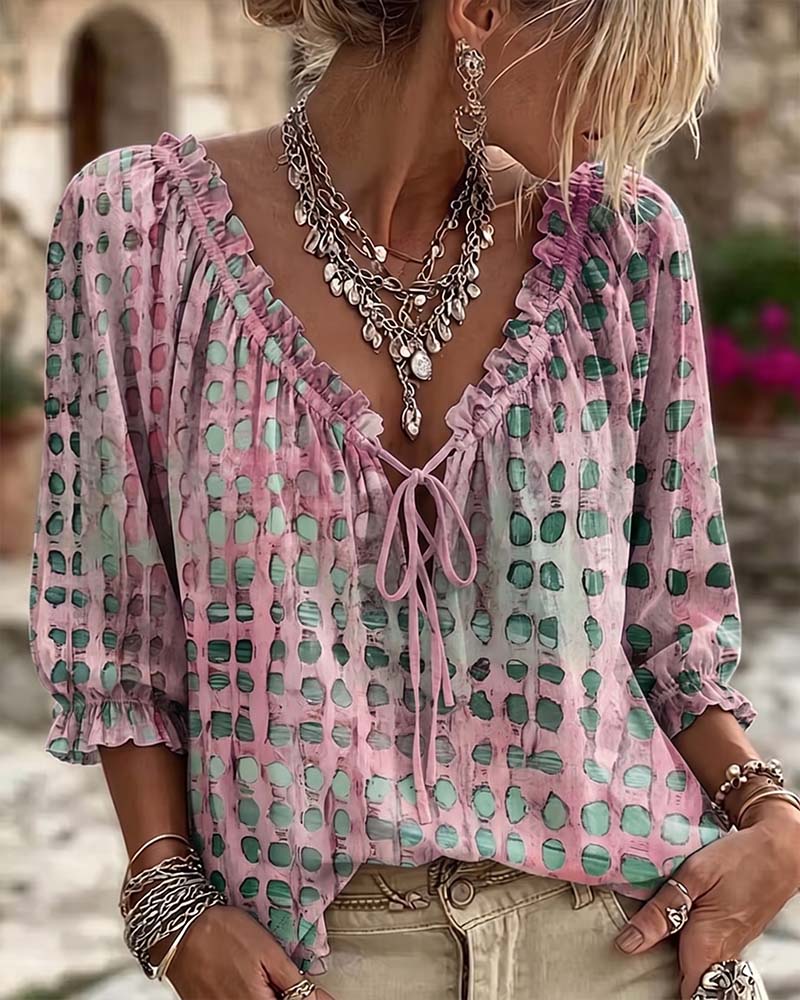 Polka Dot Lace Up Blouse