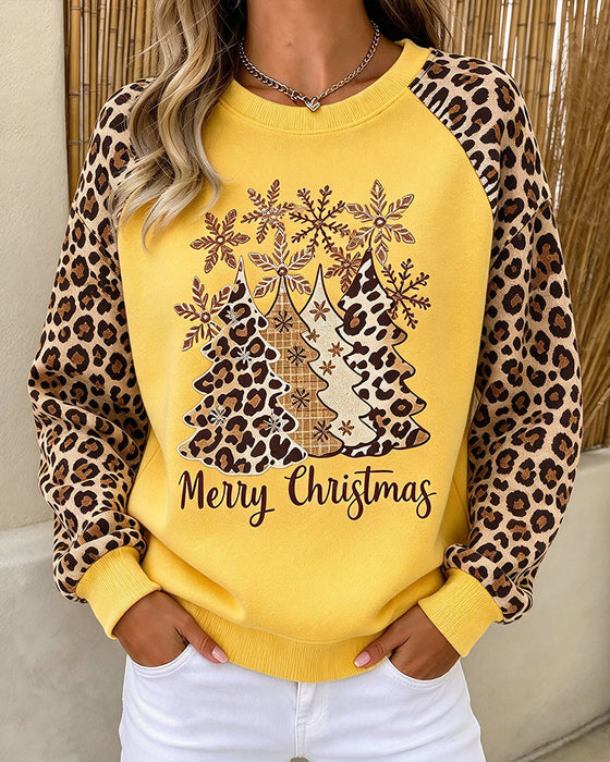 Crew Neck Leopard Print Christmas Tree Color-Block Sweatshirt