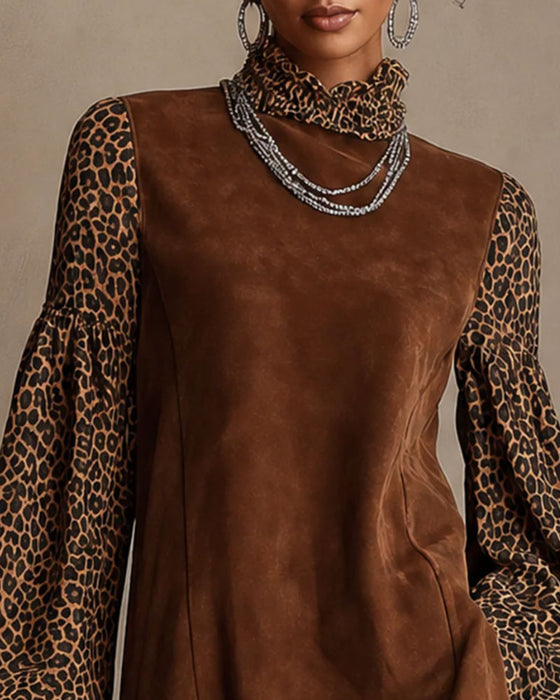 Leopard Print Lantern Sleeve Ruffled Straight Mini Dress