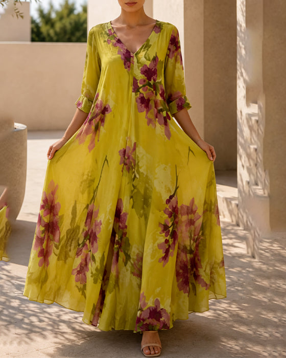 Ink Wash Floral V-Neck Dresses