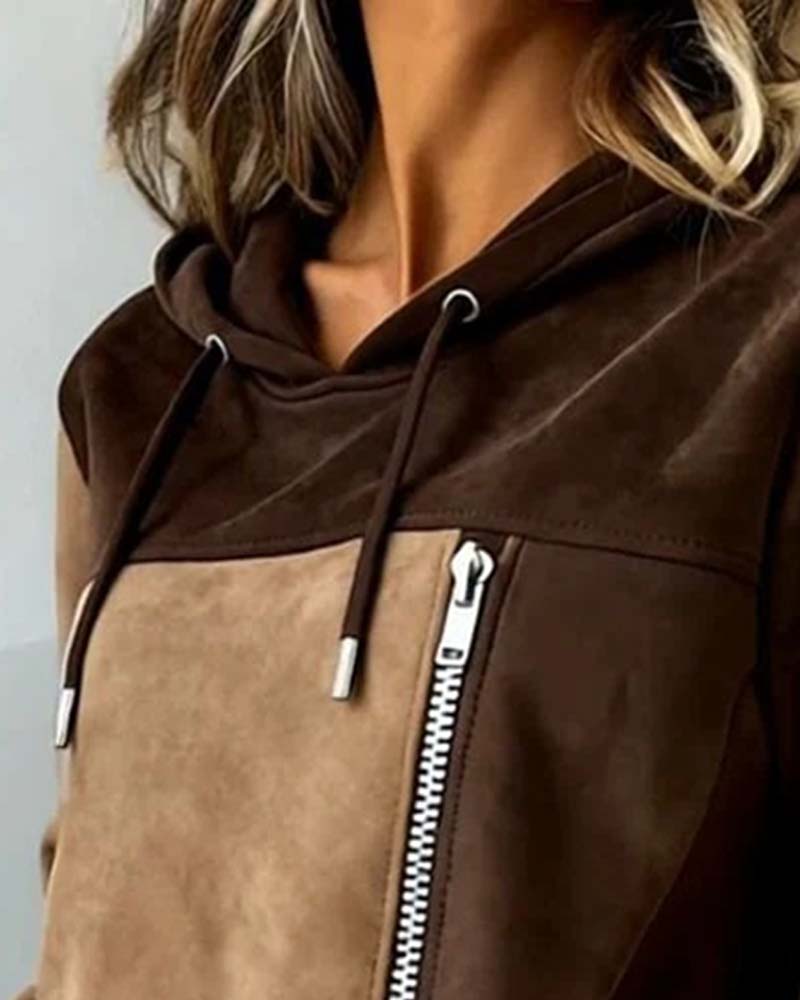 Hooded Drawstring Contrast Zipper Hoodie