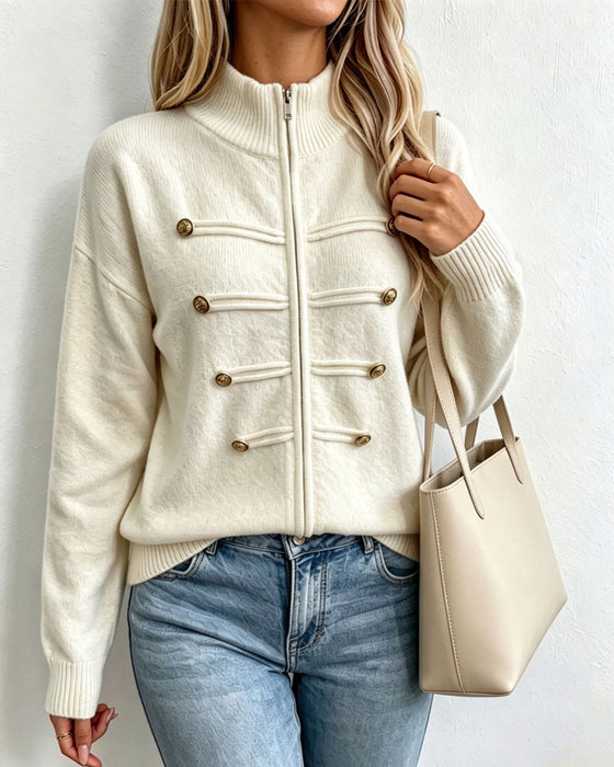 Mandarin Collar Fashion Zipper Knit Cardigan
