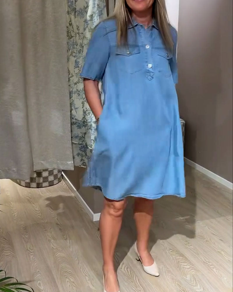 Denim Camp Collar Button-Front Shirt Dress