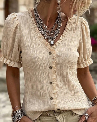 Pleated Ruffle V-Neck Bubble Sleeve Blouse