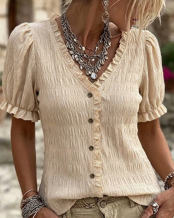 Pleated Ruffle V-Neck Bubble Sleeve Blouse