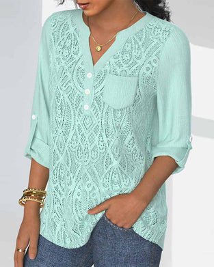Solid color pleated sleeve button lace casual blouse