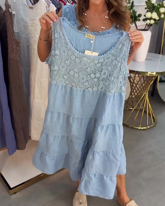 Crew Neck Sleeveless Lace Tiered Dress