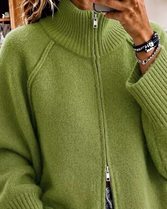 Stand Collar Zipper Solid Color Cardigan