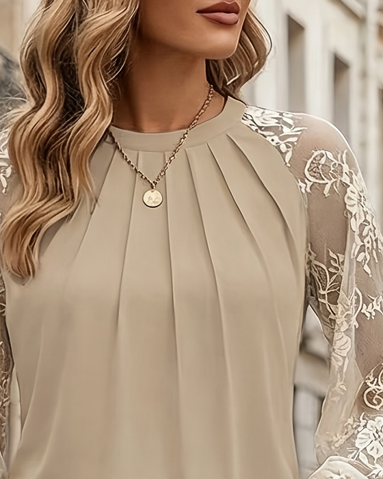 Crew Neck Ruched Lace Patchwork Blouse