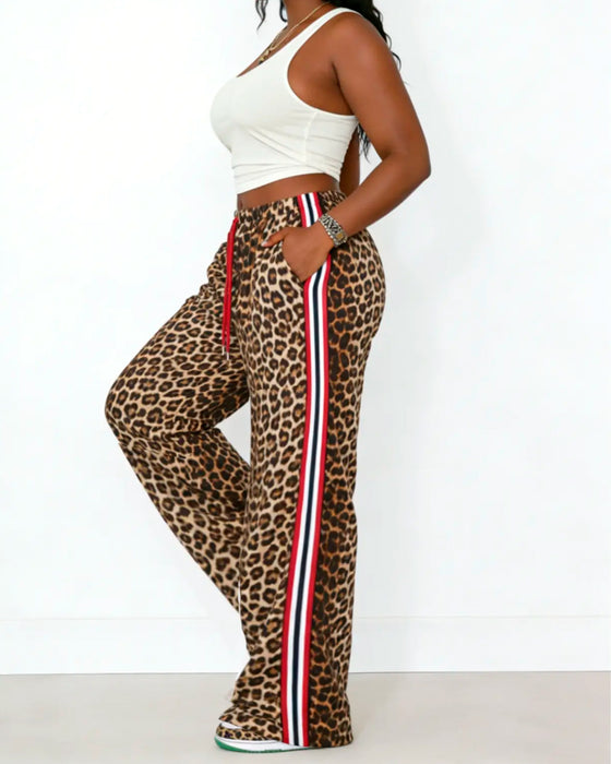 Color-Block Leopard Print Drawstring Straight-Leg Pants