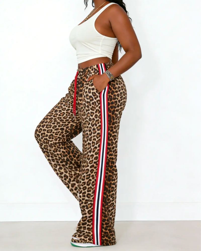 Color-Block Leopard Print Drawstring Straight-Leg Pants