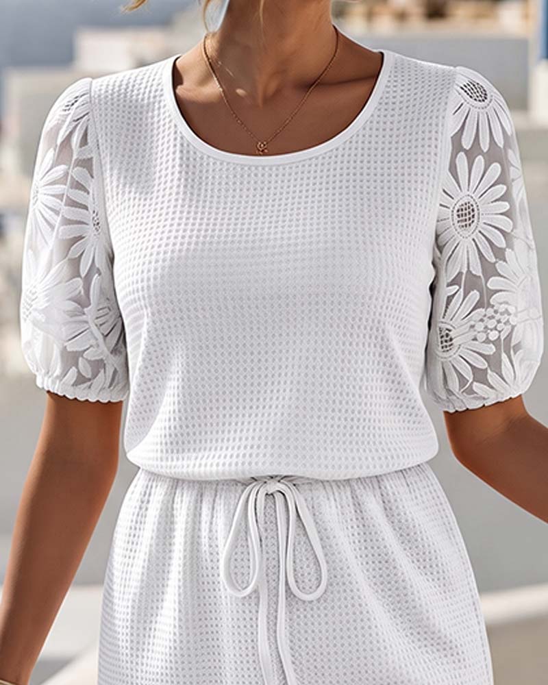 Waffle Knit Patchwork Daisy Lace Dress