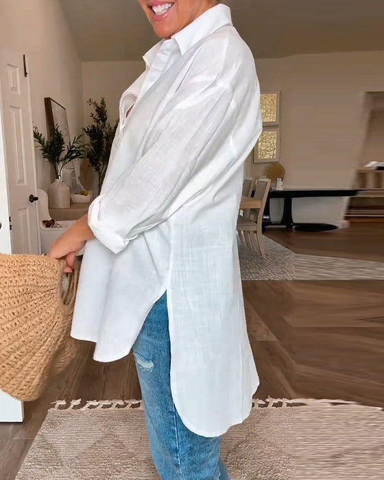 V-Neck Button Solid Color Loose Blouse