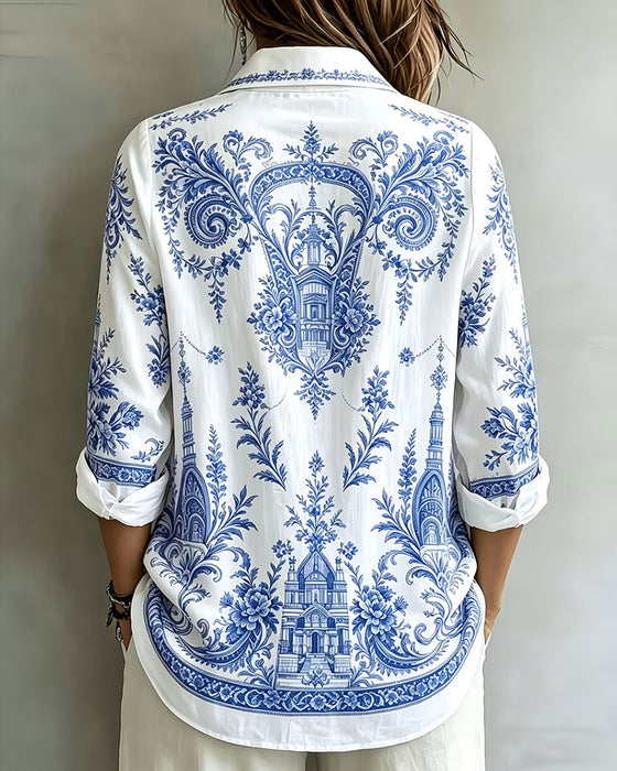 Blue Porcelain Print Lapel Shirt