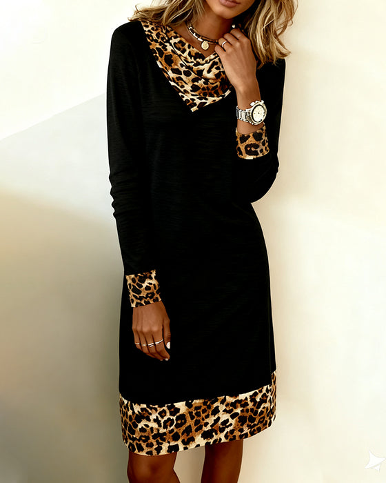 Turtleneck Leopard Print Patchwork Dress