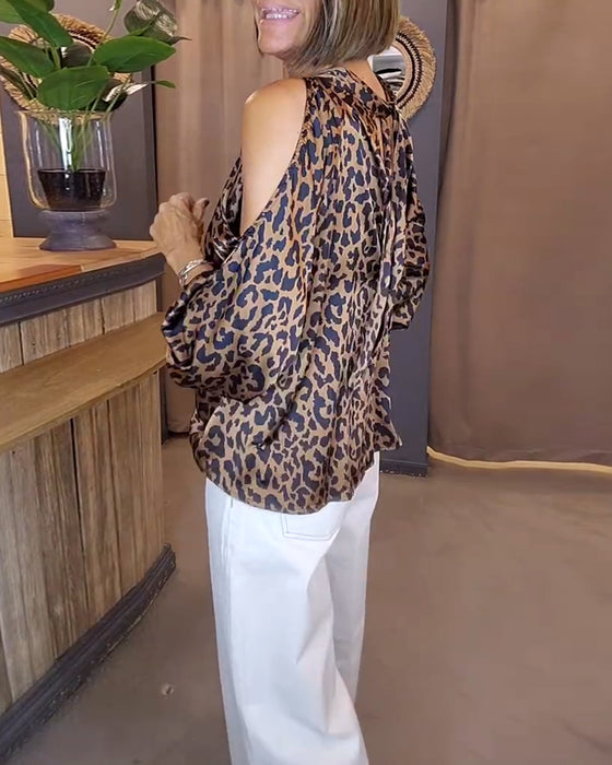 Tie-Strap Off-Shoulder Leopard Print Blouse