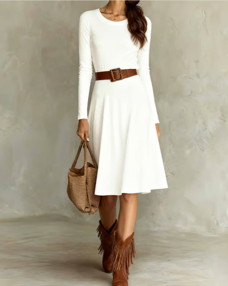 Elegant Solid Color Round Neck Full Skirt Dress