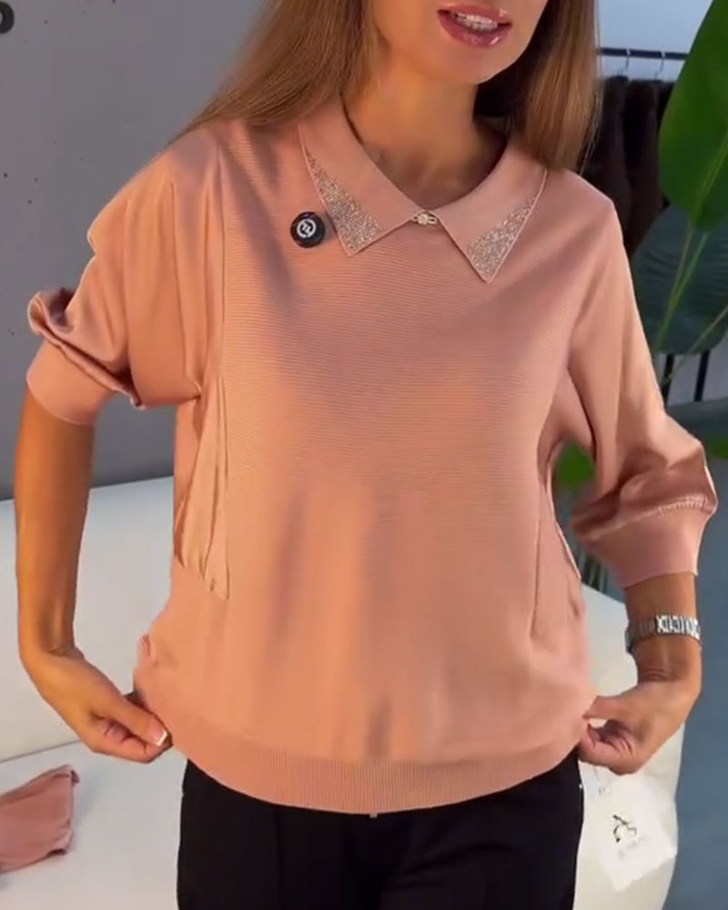 Lapel Elbow-Length Sleeve Knit Elegant Pullover