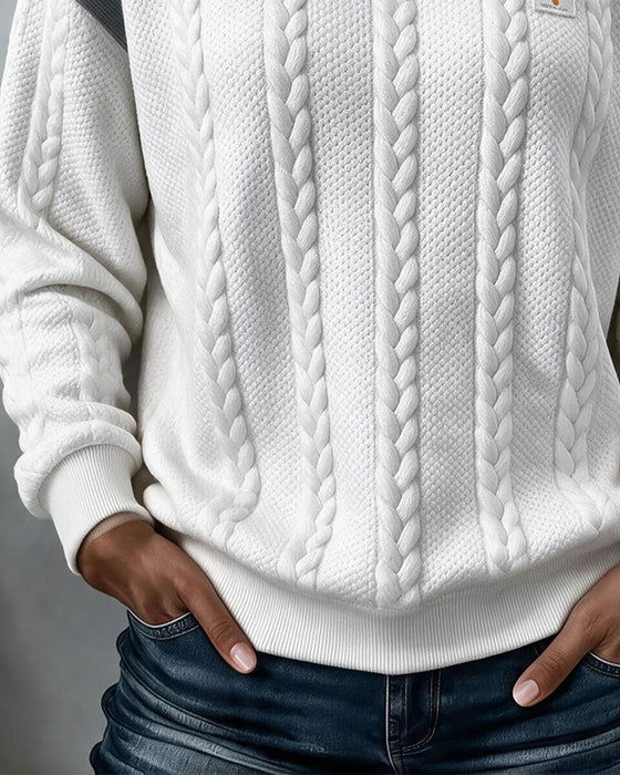 Crew Neck Cable Knit Color Block Sweatshirt
